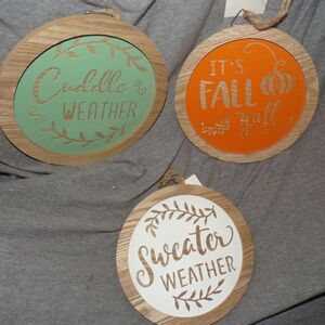 set of 3 wooden and metal round signs door decor fall weather 8" round
